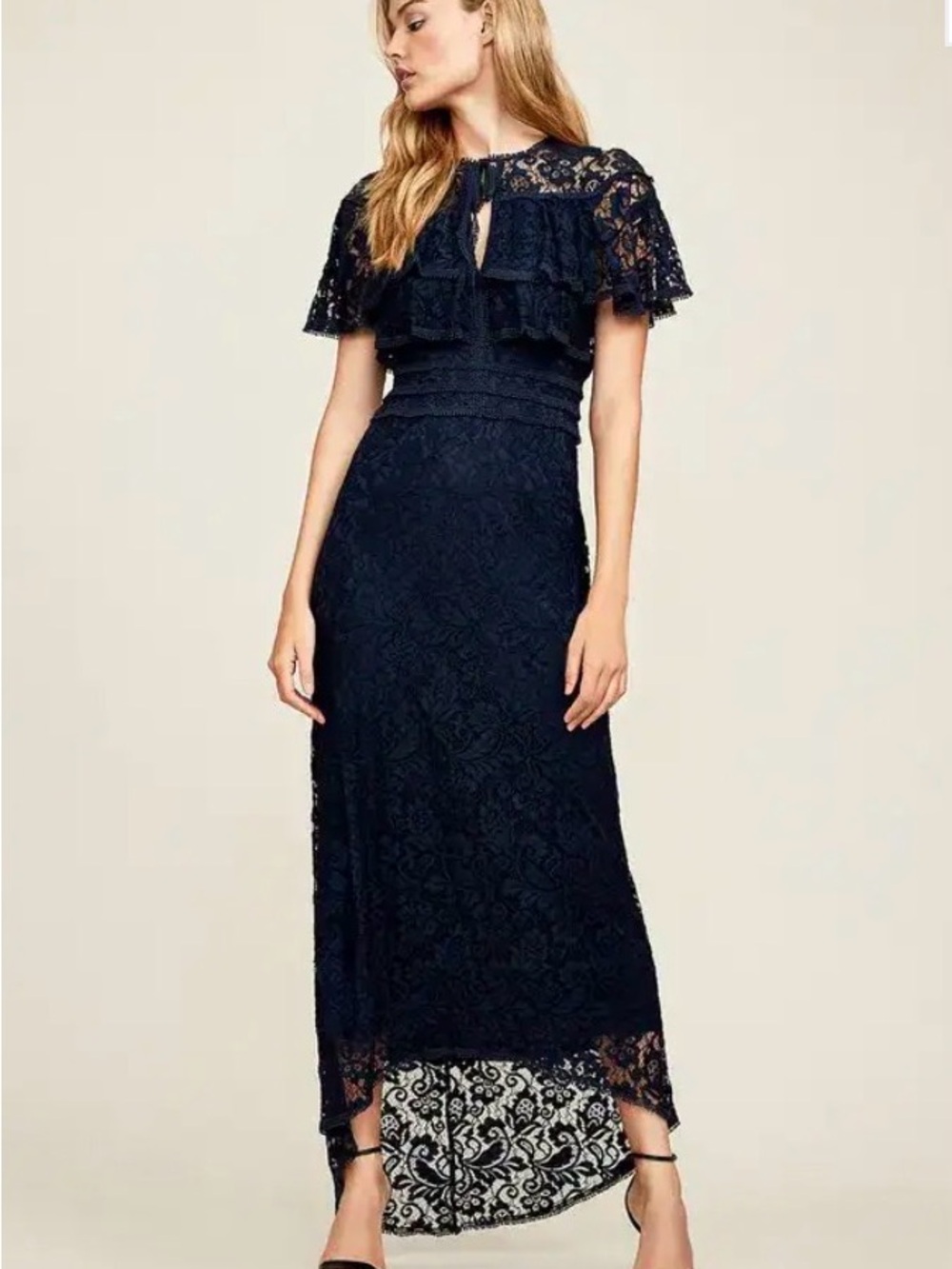 Tadashi Shoji Navy Lace Maxi with Ruffle Capelet